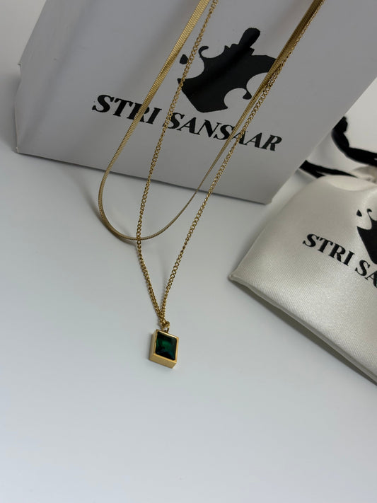 Green Emerald Geometric Layered Necklace -18k Gold plated