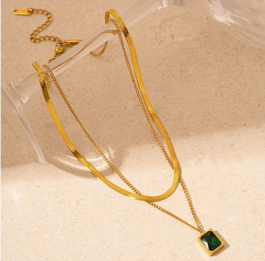 Green Emerald Geometric Layered Necklace -18k Gold plated