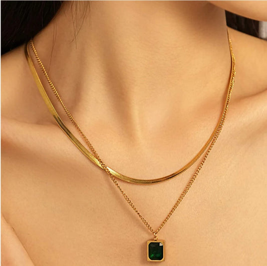 Green Emerald Geometric Layered Necklace -18k Gold plated
