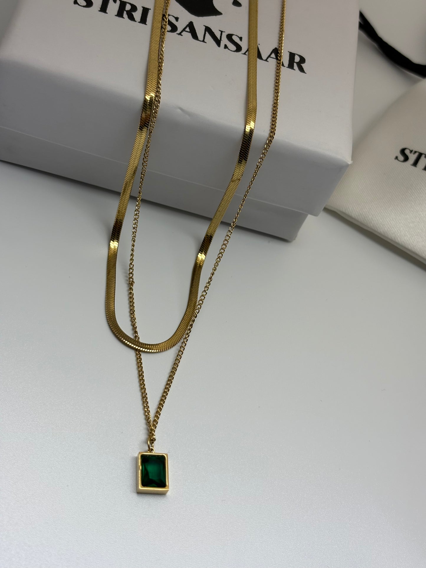 Green Emerald Geometric Layered Necklace -18k Gold plated
