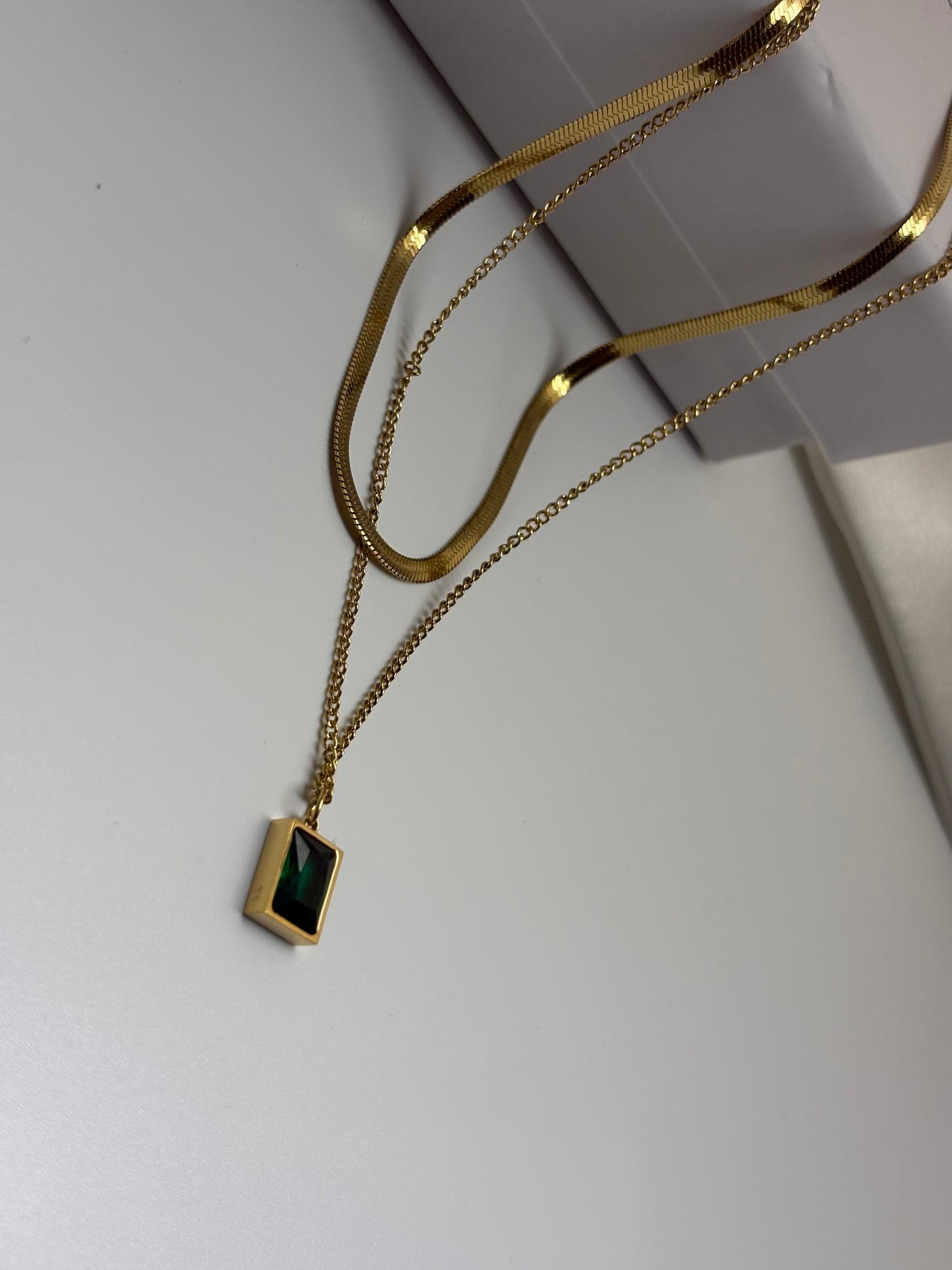 Green Emerald Geometric Layered Necklace -18k Gold plated