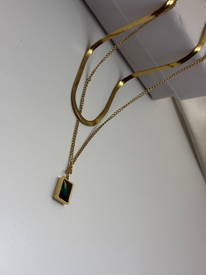 Green Emerald Geometric Layered Necklace -18k Gold plated