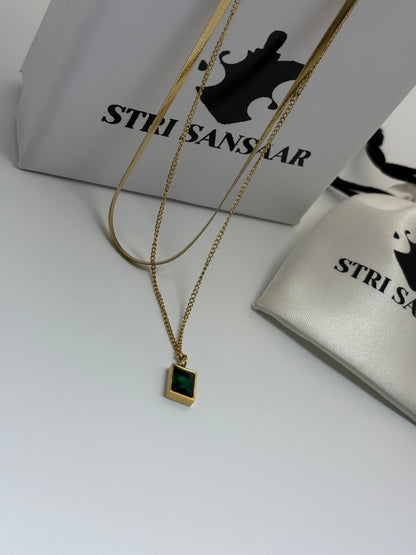 Green Emerald Geometric Layered Necklace -18k Gold plated