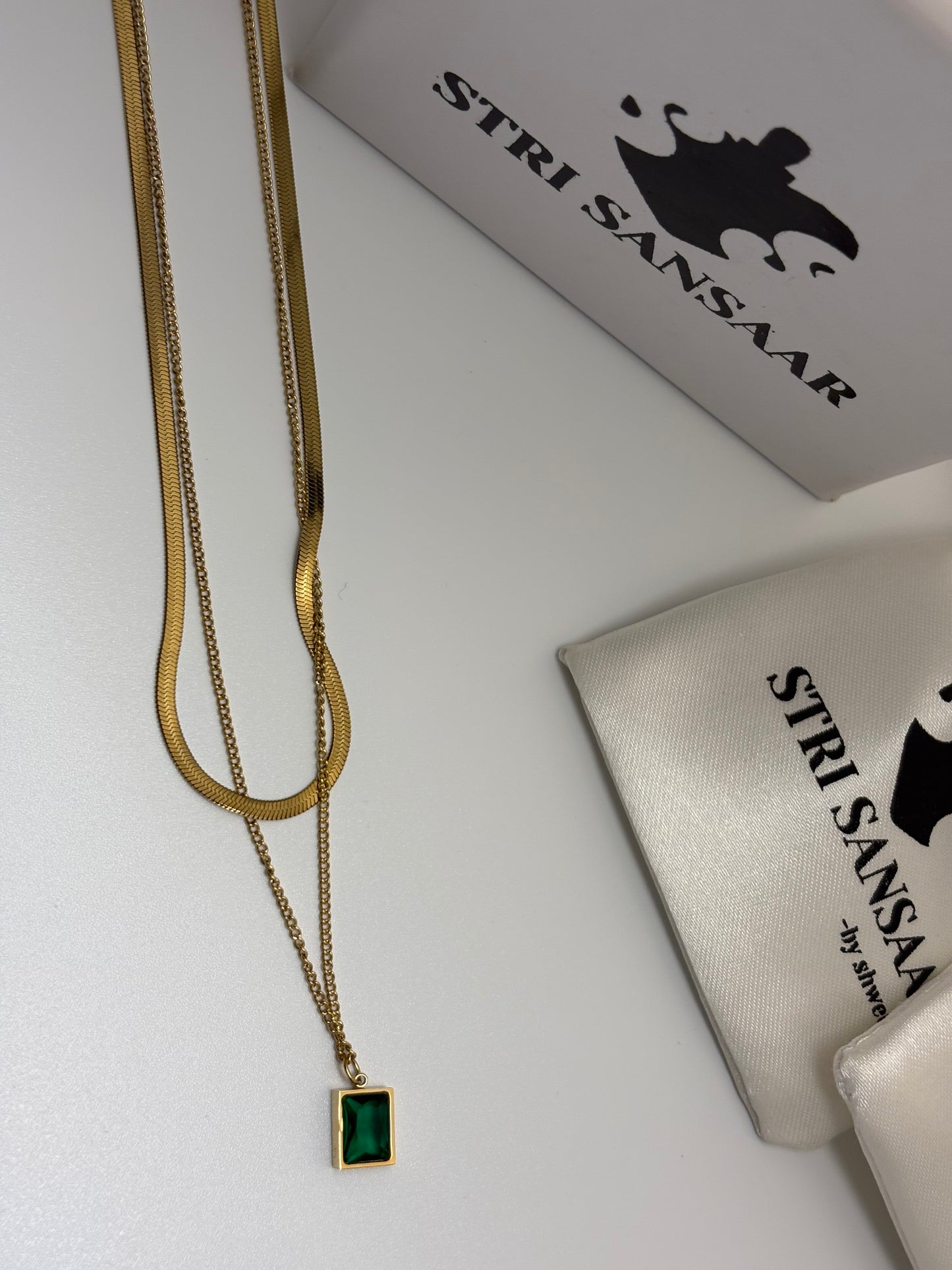 Green Emerald Geometric Layered Necklace -18k Gold plated