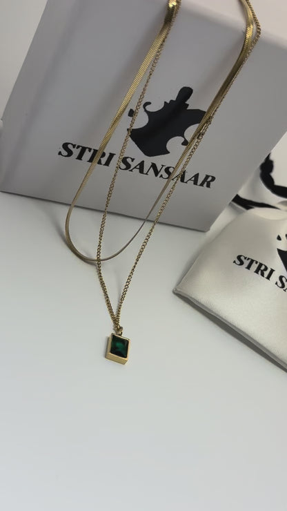 Green Emerald Geometric Layered Necklace -18k Gold plated