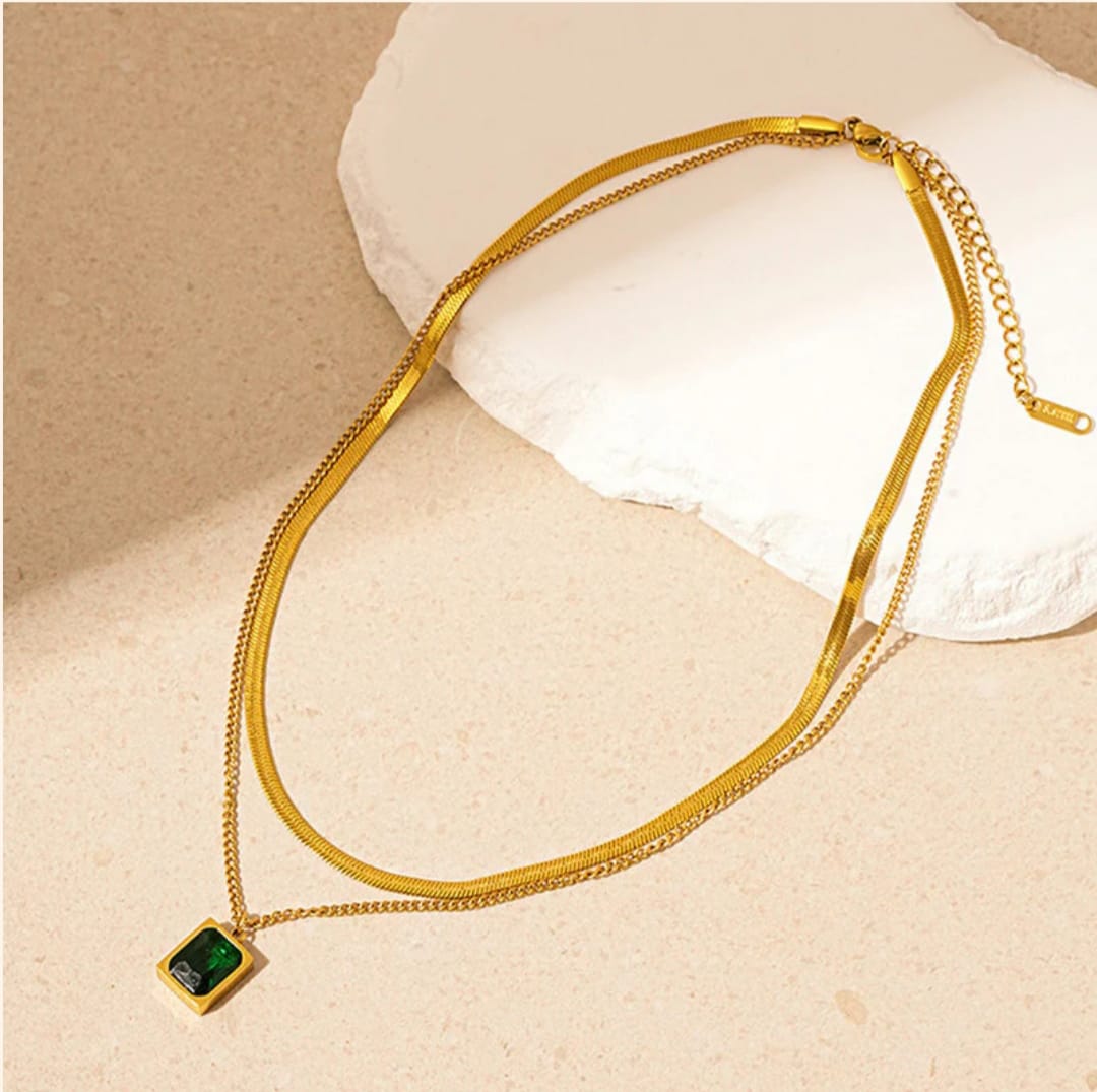 Green Emerald Geometric Layered Necklace -18k Gold plated