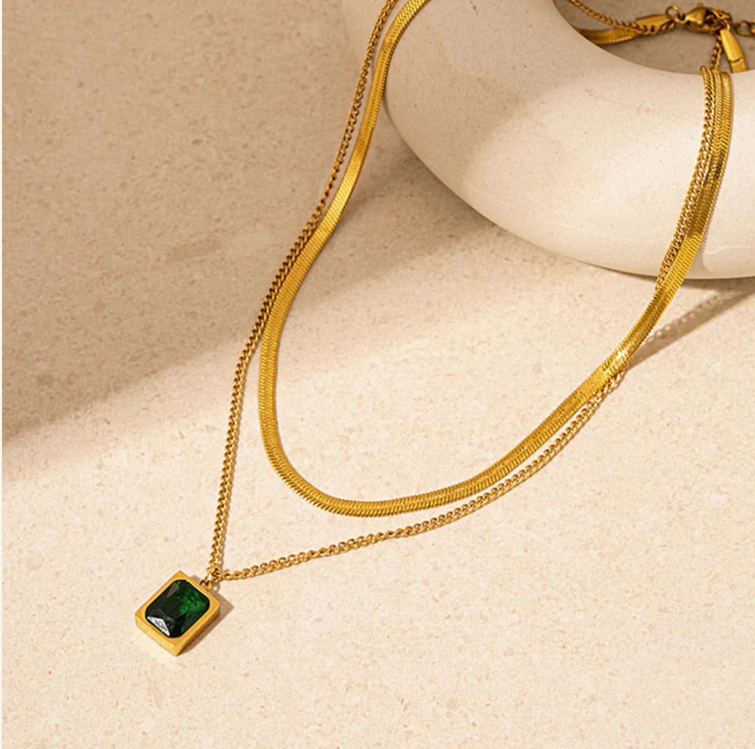 Green Emerald Geometric Layered Necklace -18k Gold plated